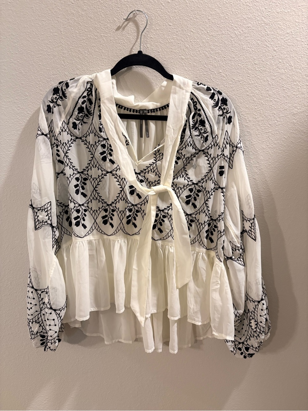 Anthropologie Cream Peasant Blouse with Black Embroidery